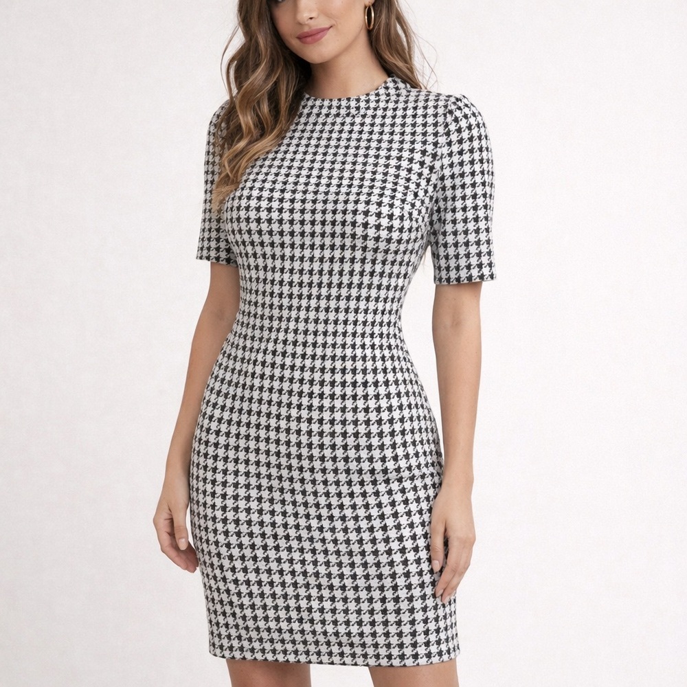 Chaps Houndstooth Knit Dress | Black White Classic Fitted Midi‎ Business 6